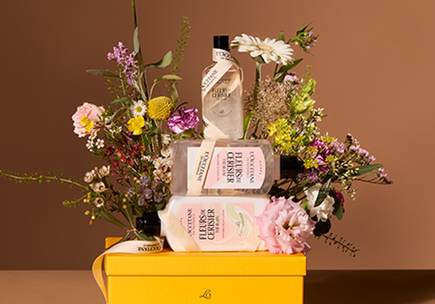 L'OCCITANE gift box with L'OCCITANE Immortelle Overnight Reset Serum, L'OCCITANE Verbena Eau de Toilette, L'OCCITANE Almond Shower Oil (Travel Size), L'OCCITANE The Petit Remedy & L'OCCITANE Shea Butter Hand Cream (Travel Size)