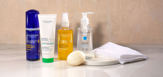 The image shows the L'OCCITANE Radiance Scrub, L'OCCITANE Gel To Foam Cleanser